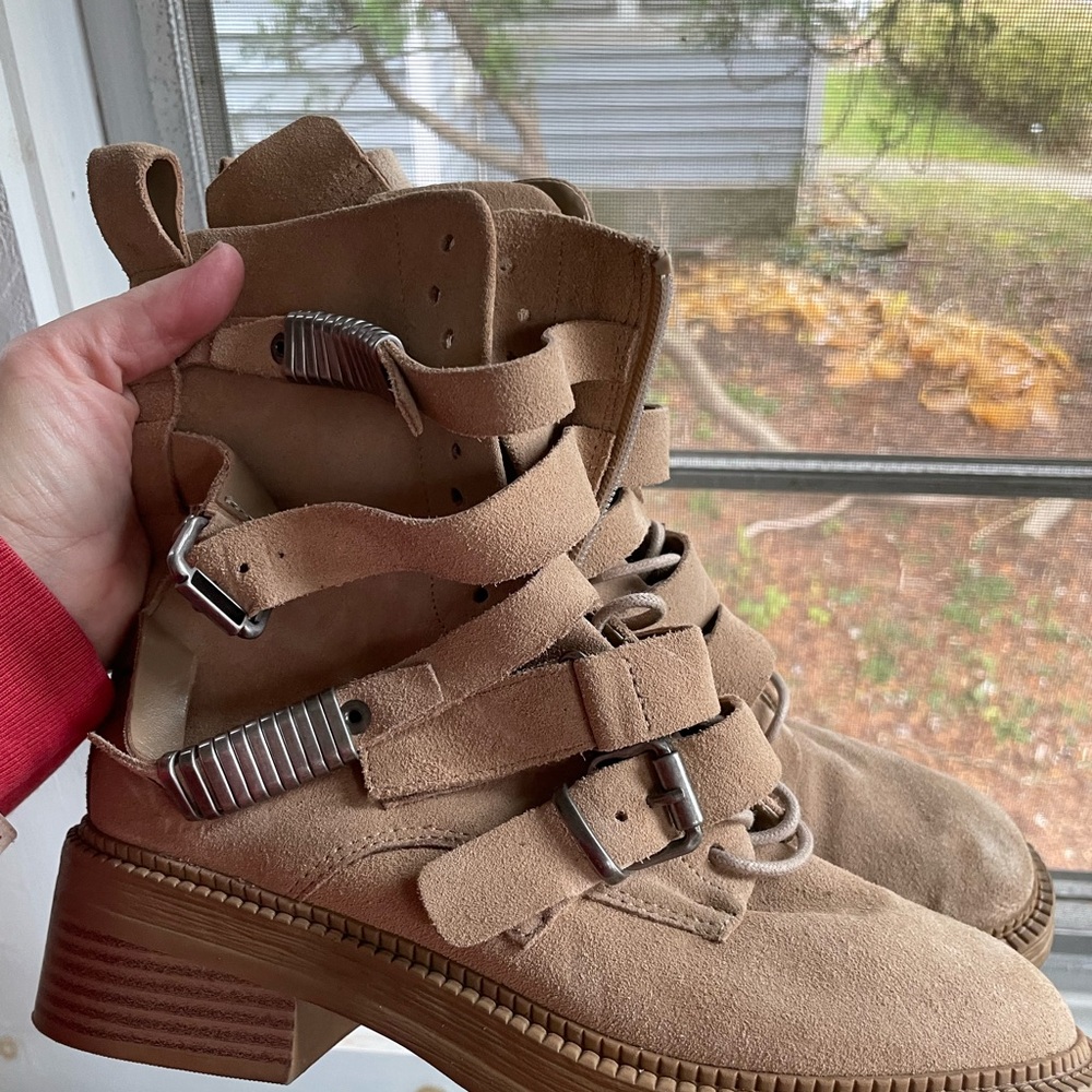 DKNY Beige Suede studded strapped boots